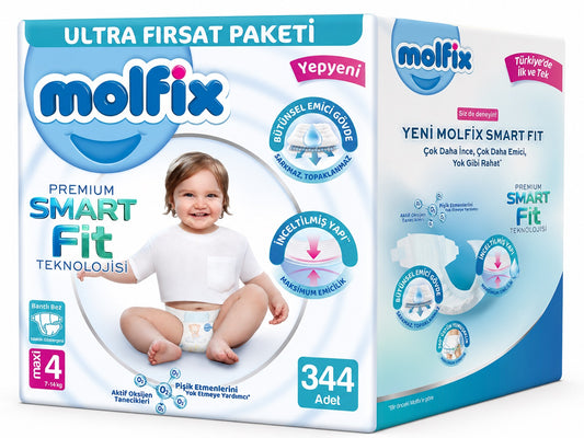 Molfix Premium Smart Fit Bebek Bezi 4 Beden 7-14 KG Maxi 344 Adet Avantaj Ultra Fırsat Pk