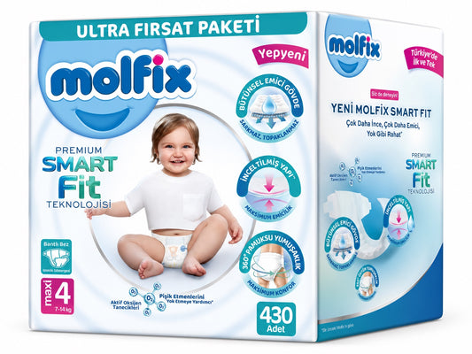 Molfix Premium Smart Fit Bebek Bezi 4 Beden 7-14 KG Maxi 430 Adet Mega Ultra Fırsat Pk