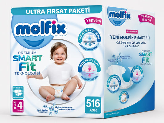 Molfix Premium Smart Fit Bebek Bezi 4 Beden 7-14 KG Maxi 516 Adet Ekstra Ultra Fırsat Pk