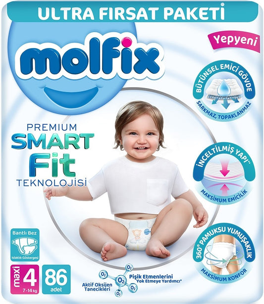 Molfix Premium Smart Fit Bebek Bezi 4 Beden 7-14 KG Maxi 86 Adet Ultra Fırsat Pk