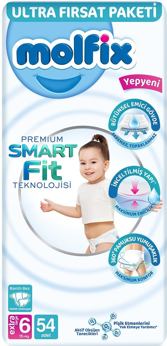 Molfix Premium Smart Fit Bebek Bezi 6 Beden 15+ KG Extra Large 54 Adet Ultra Fırsat Pk