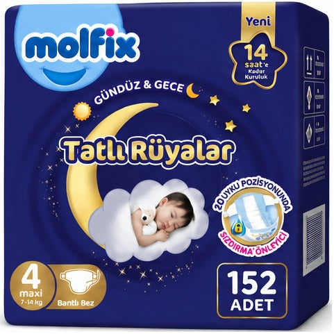 Molfix Tatlı Rüyalar Bebek Bezi 4 Beden 7-14 KG Maxi 152 Adet Ekonomik Fırsat Pk