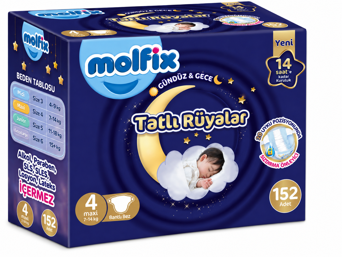 Molfix Tatlı Rüyalar Bebek Bezi 4 Beden 7-14 KG Maxi 152 Adet Ekonomik Fırsat Pk