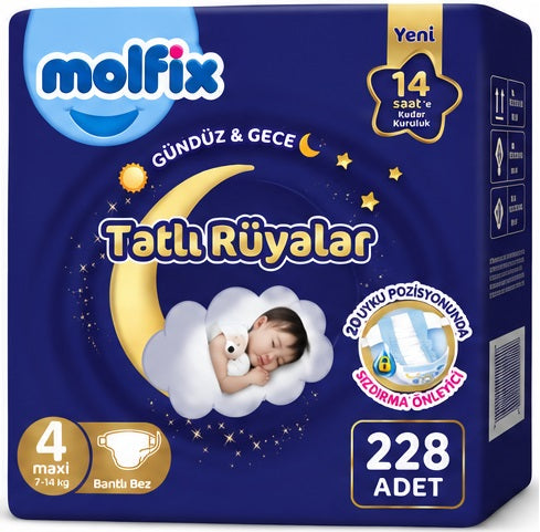 Molfix Tatlı Rüyalar Bebek Bezi 4 Beden 7-14 KG Maxi 228 Adet Aylık Fırsat Pk