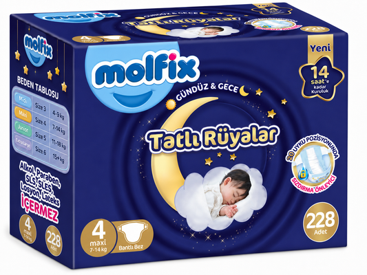 Molfix Tatlı Rüyalar Bebek Bezi 4 Beden 7-14 KG Maxi 228 Adet Aylık Fırsat Pk