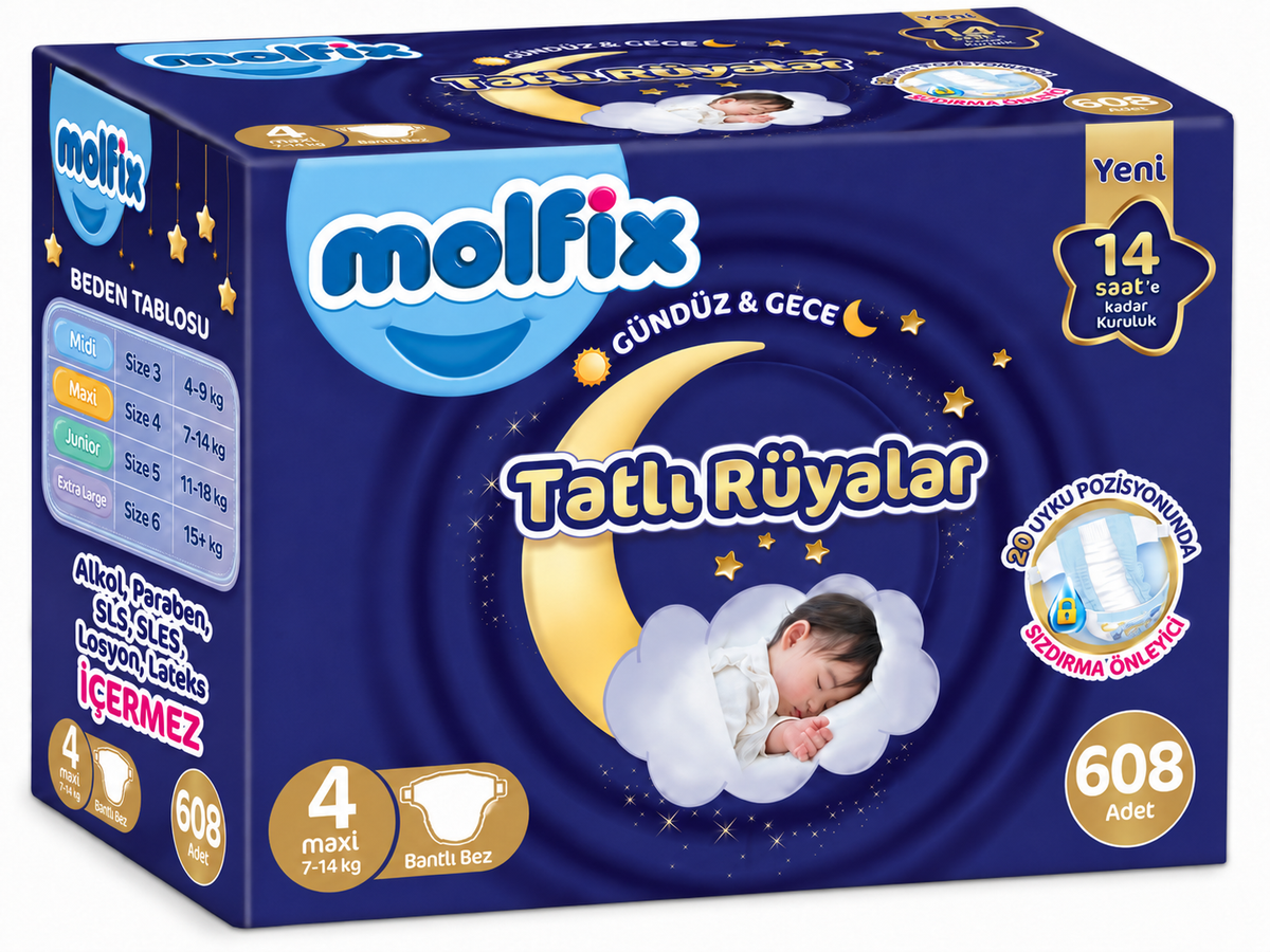 Molfix Tatlı Rüyalar Bebek Bezi 4 Beden 7-14 KG Maxi 608 Adet Dev Ekonomik Fırsat Pk