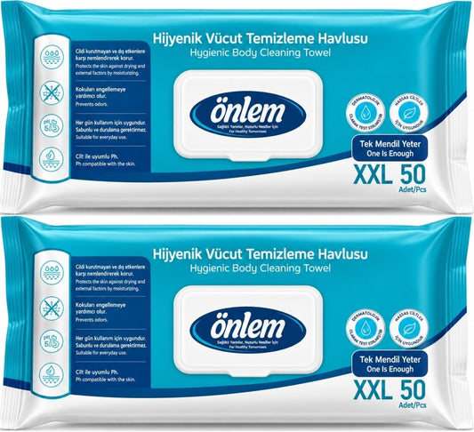 Önlem Hijyenik Vücut Temizleme Islak Mendil Havlu 100 Yaprak (Ebat XXL) (2PK*50)
