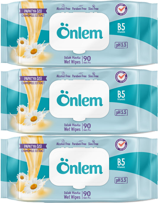 Önlem Islak Havlu Mendil 90 Yaprak Papatya Özü (3 Lü Set) Plastik Kapaklı 270 Yaprak