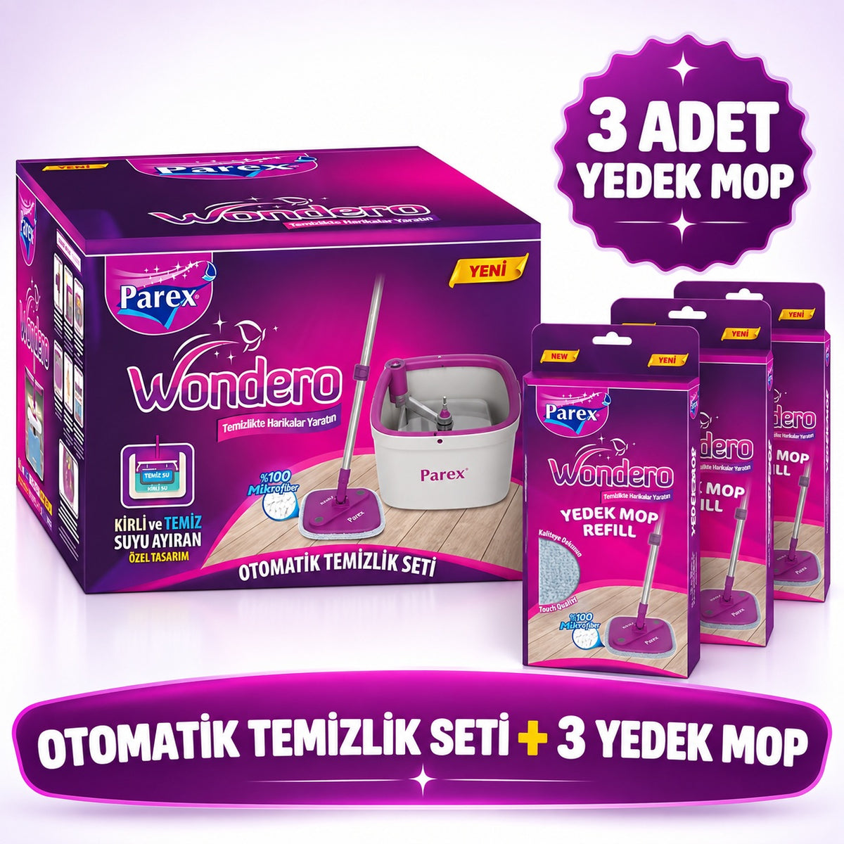 Parex Wondero Otomatik Temizlik Seti  (Temiz & Kirli Suyu Ayıran Özellik) + Yedek 3 Adet Avantaj Set