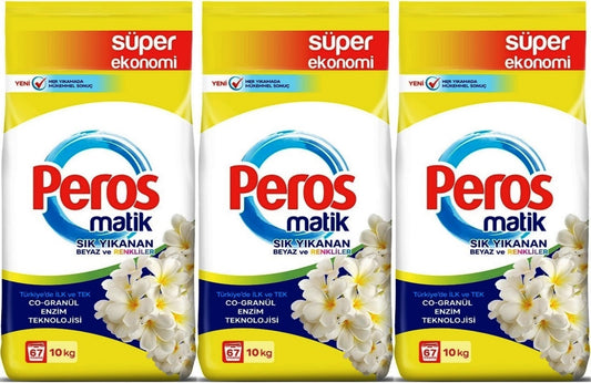 Peros Matik Toz Çamaşır Deterjanı 30KG Yasemin Çiçeği (Beyaz ve Renkliler) (201 Yıkama) (3PK*10KG)
