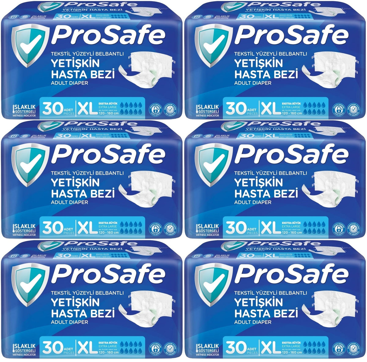 Prosafe Yetişkin Bezi Bel Bantlı Tekstil Yüzey XL-Extra Large Boy 180 Adet (6PK*30)