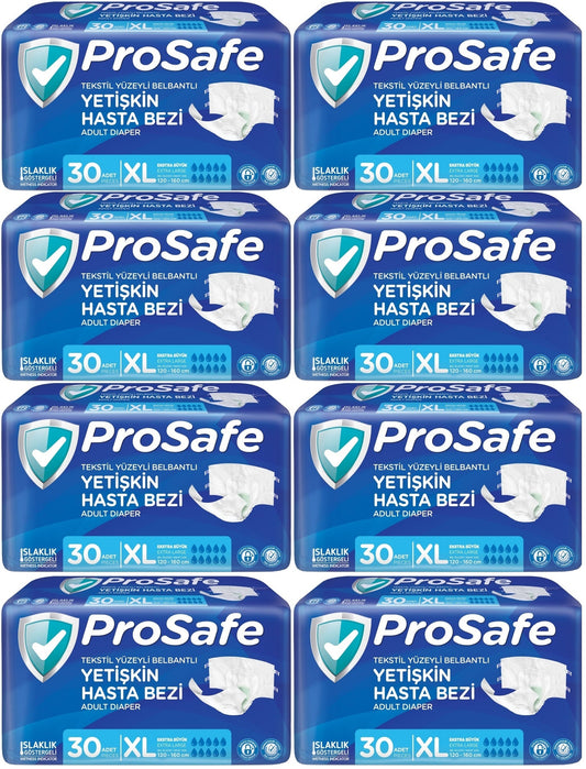 Prosafe Yetişkin Bezi Bel Bantlı Tekstil Yüzey XL-Extra Large Boy 240 Adet (8PK*30)
