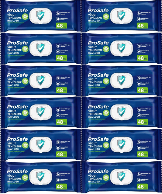 Prosafe Yetişkin Vücut Temizleme Islak Mendil Havlu 48 Yaprak XL (12 Li Set) Plastik Kapak