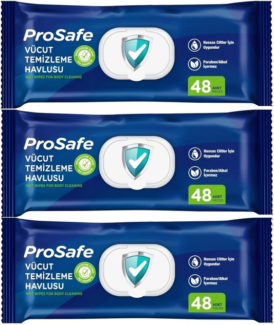 Prosafe Yetişkin Vücut Temizleme Islak Mendil Havlu 48 Yaprak XL (3 Lü Set) Plastik Kapak