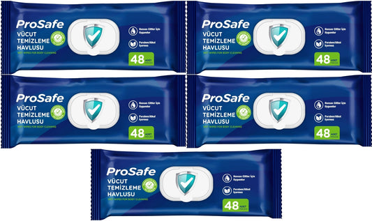 Prosafe Yetişkin Vücut Temizleme Islak Mendil Havlu 48 Yaprak XL (5 Li Set) Plastik Kapak