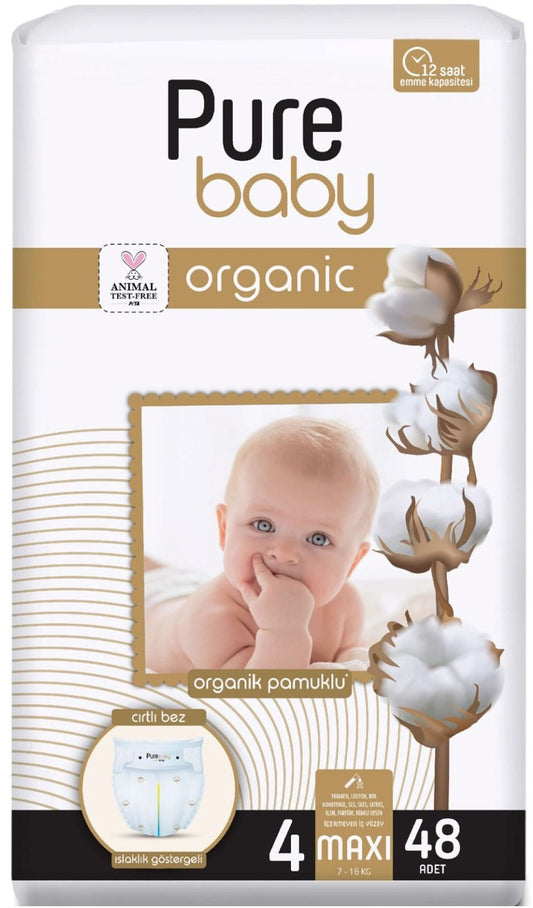 Pure Baby Organik Bebek Bezi 4 Beden 7-16 KG Maxi 48 Adet Fırsat Pk