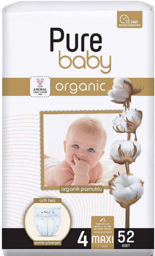Pure Baby Organik Bebek Bezi 4 Beden 7-16 KG Maxi 52 Adet Ekonomik Pk