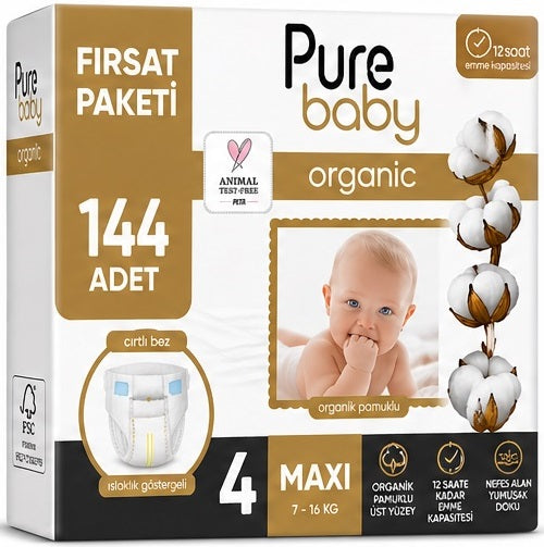 Pure Baby Organik Bebek Bezi 4 Beden 7-16 KG Maxi 144 Adet Aylık Fırsat Pk