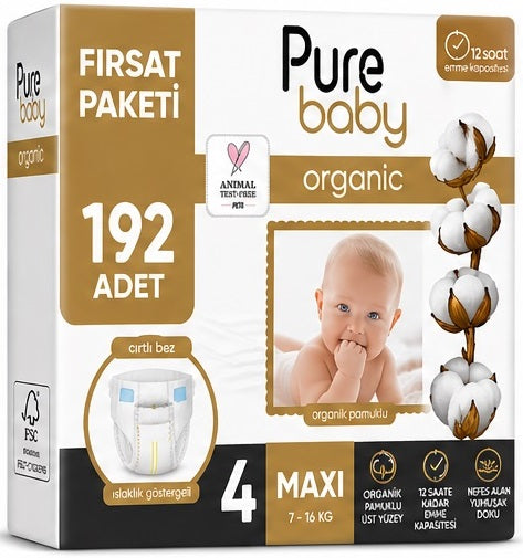 Pure Baby Organik Bebek Bezi 4 Beden 7-16 KG Maxi 192 Adet Avantaj Fırsat Pk