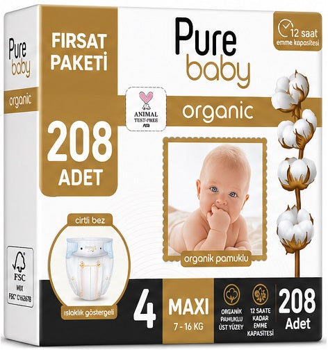 Pure Baby Organik Bebek Bezi 4 Beden 7-16 KG Maxi 208 Adet Avantaj Fırsat Pk
