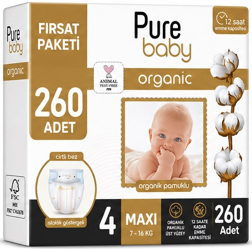 Pure Baby Organik Bebek Bezi 4 Beden 7-16 KG Maxi 260 Adet Mega Fırsat Pk