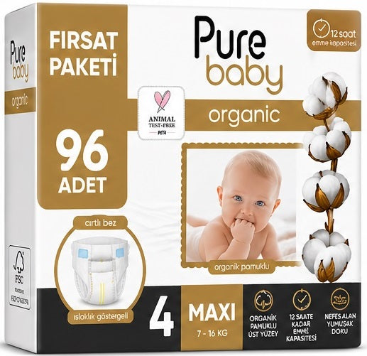 Pure Baby Organik Bebek Bezi 4 Beden 7-16 KG Maxi 96 Adet Ekonomik Fırsat Pk