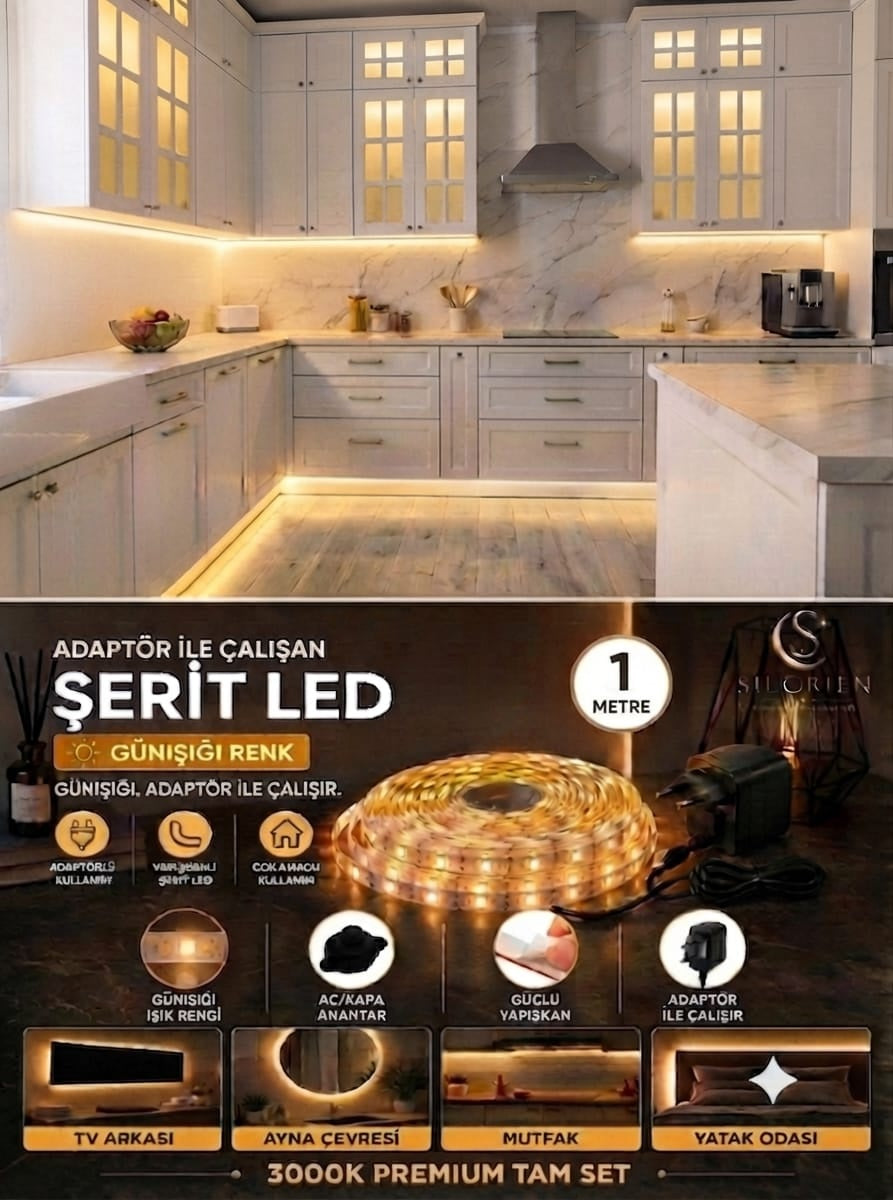 Silorien 1 Metre Günışığı Şerit LED Mutfak Dolabı Tezgah Üstü Adaptörlü Aç Kapa Düğmeli Tak Çalıştır