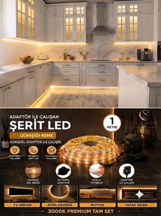 Silorien 1 Metre Günışığı Şerit LED Mutfak Dolabı Tezgah Üstü Adaptörlü Aç Kapa Düğmeli Tak Çalıştır