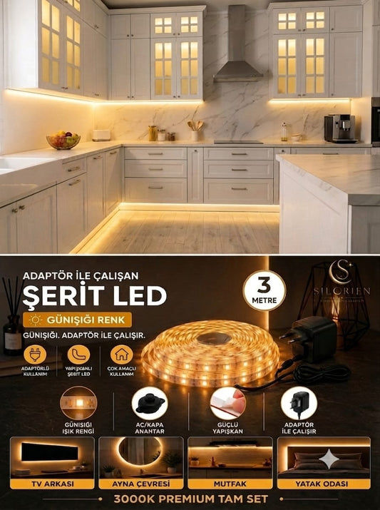 Silorien 3 Metre Günışığı Şerit LED Mutfak Dolabı Tezgah Üstü Adaptörlü Aç Kapa Düğmeli Tak Çalıştır