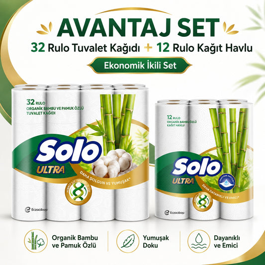 Solo Avantaj Set Ultra Kağıt Havlu 12 Li Rulo + 32 Rulo Tuvalet Kağıdı Organik Bambu ve Pamuk Özlü